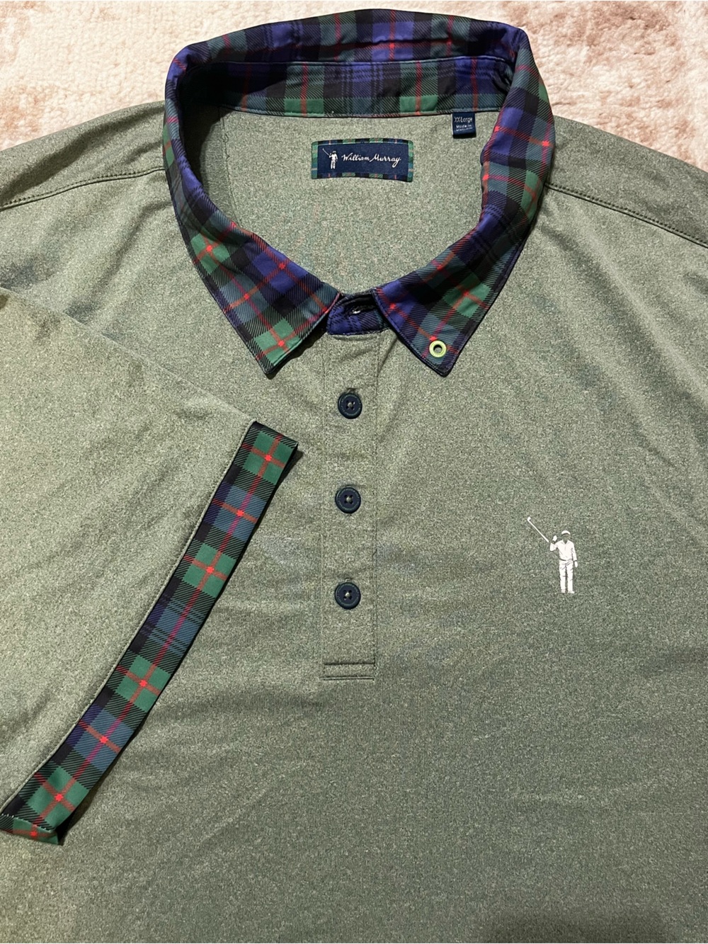 William Murray Mens XXL Olive Green Tartan Plaid Collar Golf Polo Shirt XXL